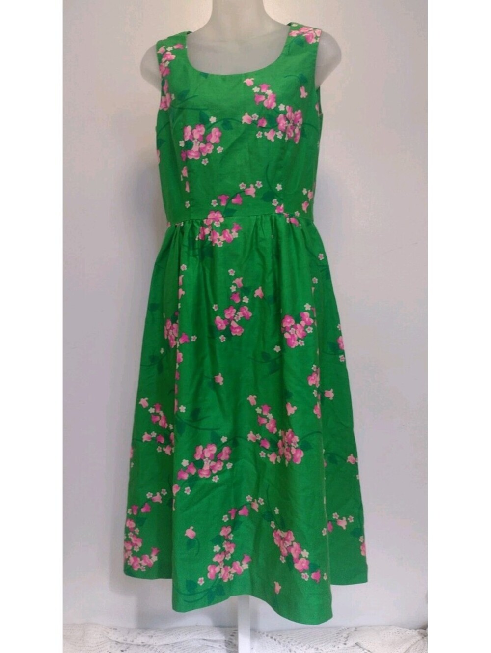 VTG 70s Cottagecore Green Floral Midi Dress Malia Honolulu Fit Flare Cotton 10